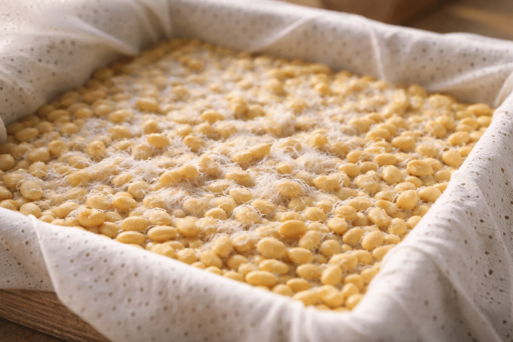 What is Artisanal Tempeh shown during fermentation, with soybeans bound by white mycelium in a breathable cloth.
