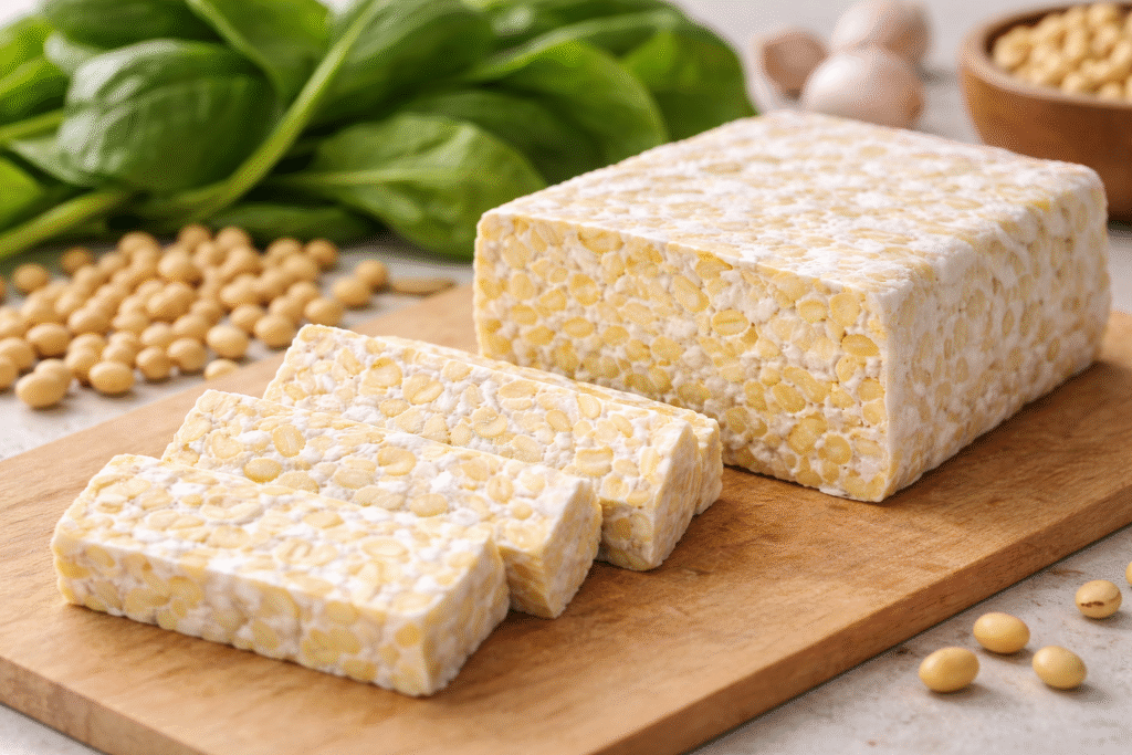 What is Artisanal Tempeh shown as fresh tempeh slices on a wooden board, highlighting firm texture and whole soybeans.