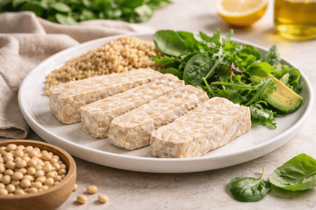Plated slices of tempeh with grains and greens, showing what is fresh artisanal tempeh as a balanced, whole-food plant protein meal.
