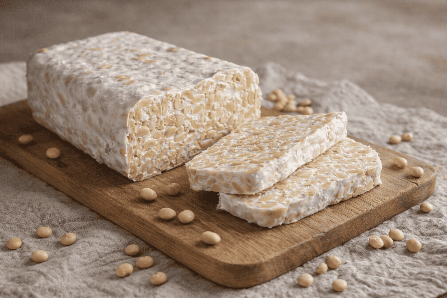 Fresh sliced tempeh on a wooden board showing whole soybeans and mycelium, illustrating what is fresh artisanal tempeh in its natural form.