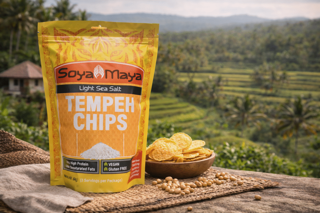 Tempeh chips in natural landscape setting, showing what is fresh artisanal tempeh rooted in tradition, soybeans, and craft fermentation.