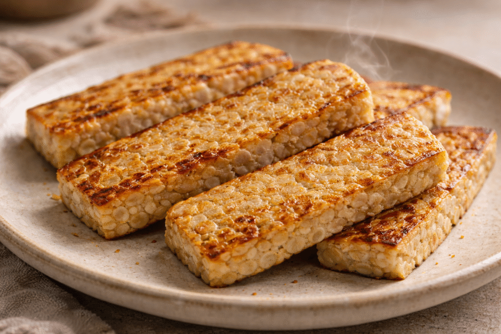 Pan-seared tempeh slices with golden edges, illustrating what is fresh artisanal tempeh through texture, warmth, and whole soybeans.