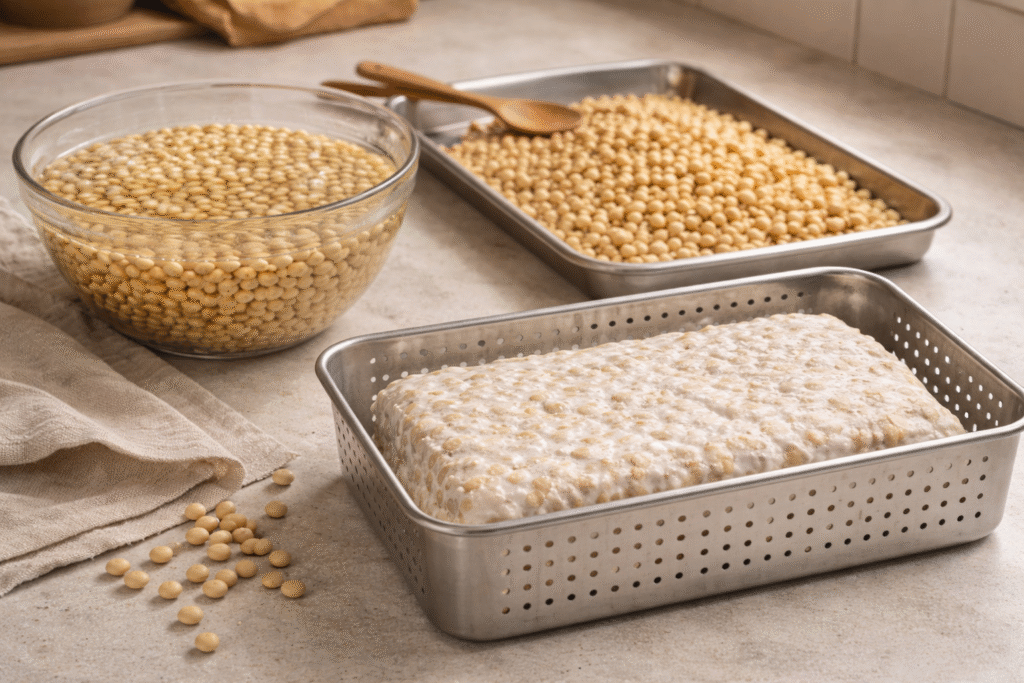 Fresh sliced tempeh on a wooden board showing whole soybeans and mycelium, illustrating what is fresh artisanal tempeh in its natural form.