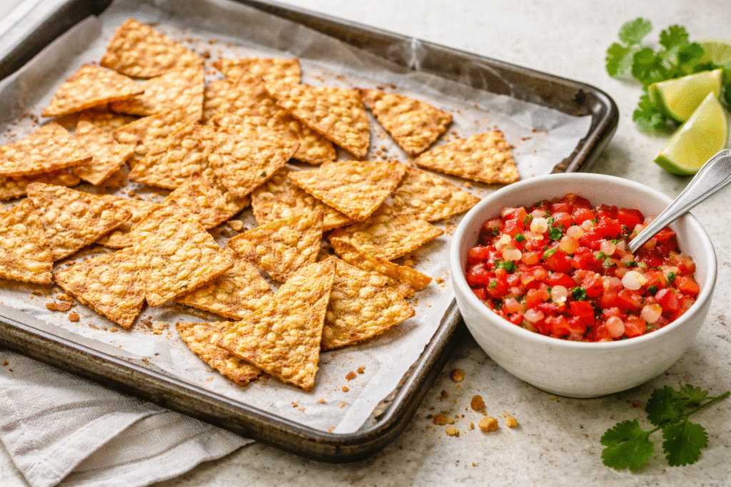 Baked tempeh chips on tray with salsa bowl showing can you serve tempeh chips with salsa presentation ideas