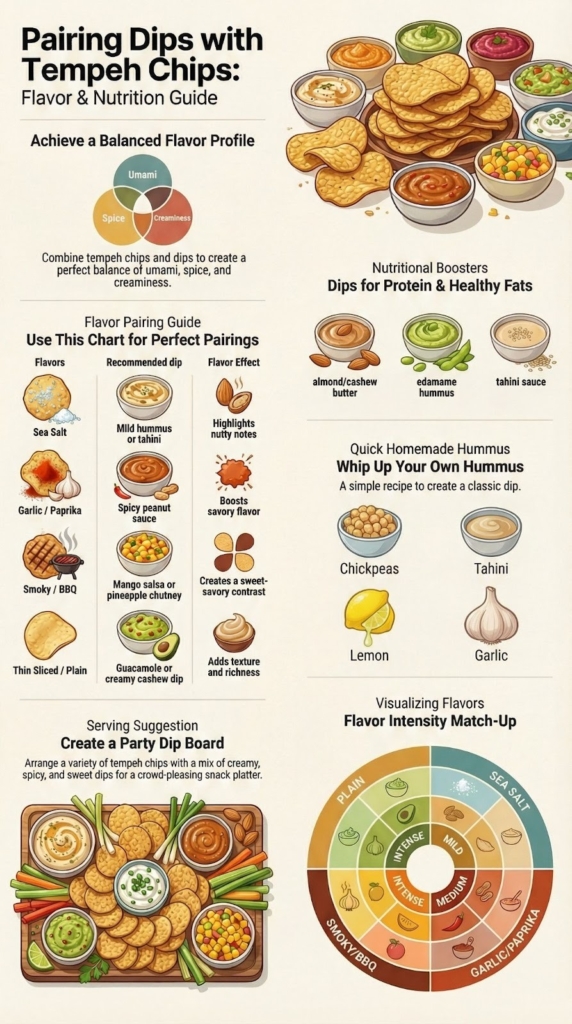 Infographic guide on Pairing Dips with Tempeh Chips showing flavor profiles, nutrition boosters, and serving suggestions