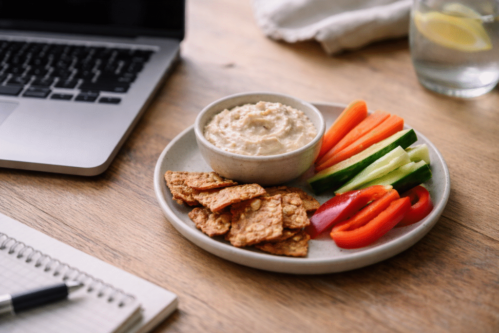 Healthy snack plate with creamy dip and vegetables illustrating what kind of dip for a protein snack pairing