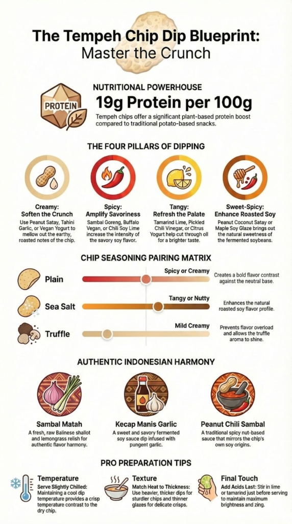 Infographic answering what are the best dips for tempeh chips with flavor profiles, pairing matrix, and preparation tips