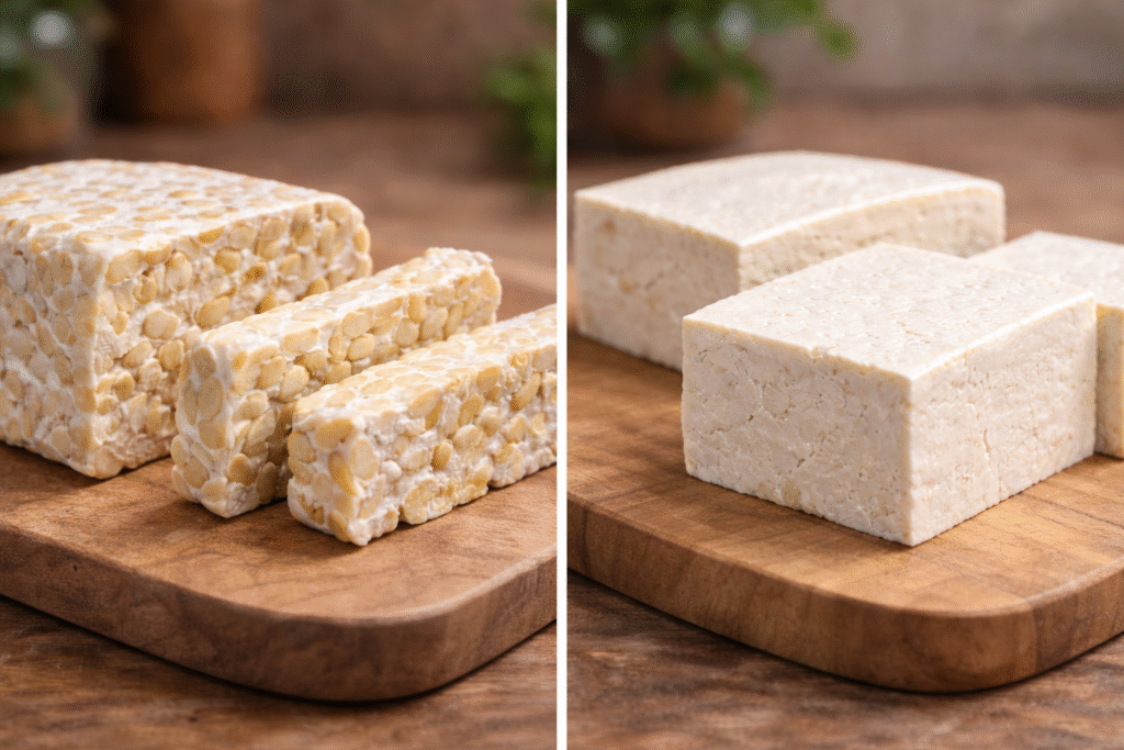 What does fresh tempeh taste like compared to tofu, showing tempeh’s whole soybeans beside smooth tofu blocks on boards