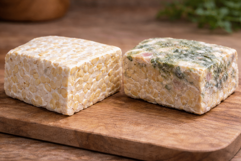 What does fresh tempeh taste like when fresh versus spoiled, showing clean white tempeh beside moldy tempeh on a board