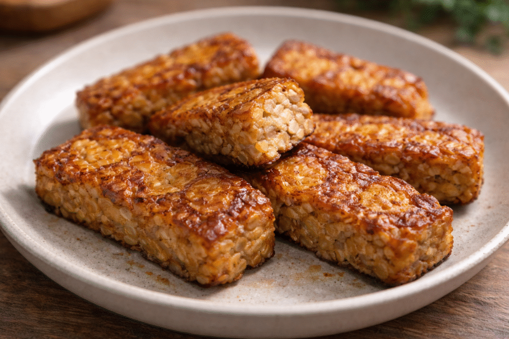 What does fresh tempeh taste like when pan-fried, showing golden crust, chewy texture, and rich savory appearance on a plate