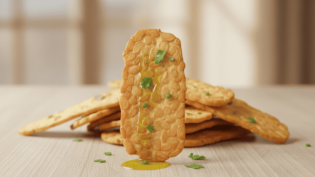 Crispy soy maya crackers drizzled with olive oil and garnished with herbs for a savory snack.