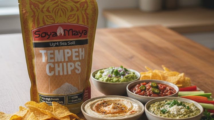 Light sea salt Tempeh chips by Soya Maya, healthy snack with flavorful dips on a wooden table.