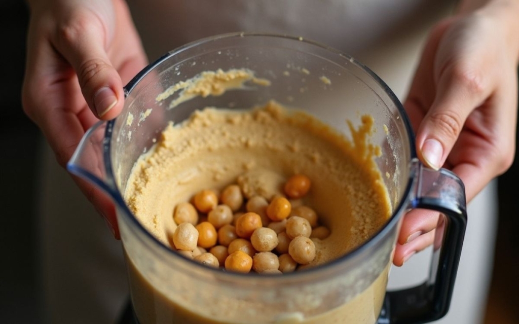Blender with chickpeas and tahini showing step in how to make a healthy hummus dip with smooth creamy texture forming