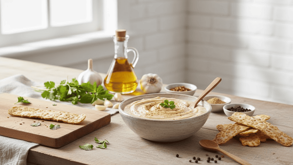 Creamy Soya Maya dip with crackers and herbs for delicious snacks and health benefits.