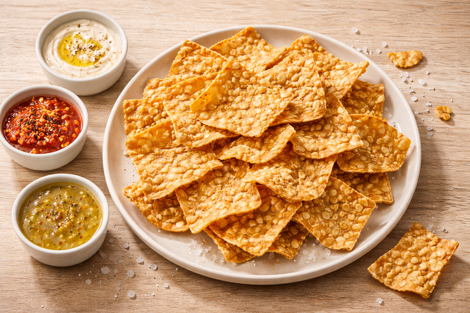 Crispy Soya Maya snacks with dipping sauces, perfect for healthy snacking or party appetizers.