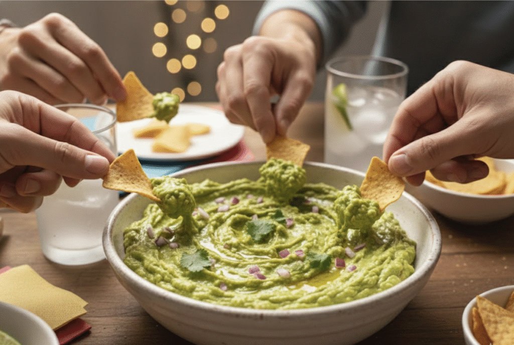 Creamy Soya Maya dip with crispy nachos and fresh herbs for snacking or party appetizers.
