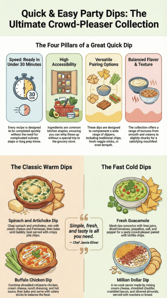 Quick and easy party dip ideas for crowd-pleasing recipes and snack presentations.