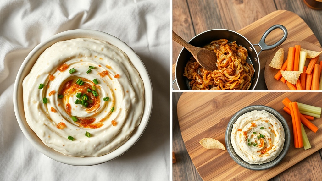Three-photo collage showing what is a good vegan onion dip recipe from caramelizing onions to serving with fresh veggies