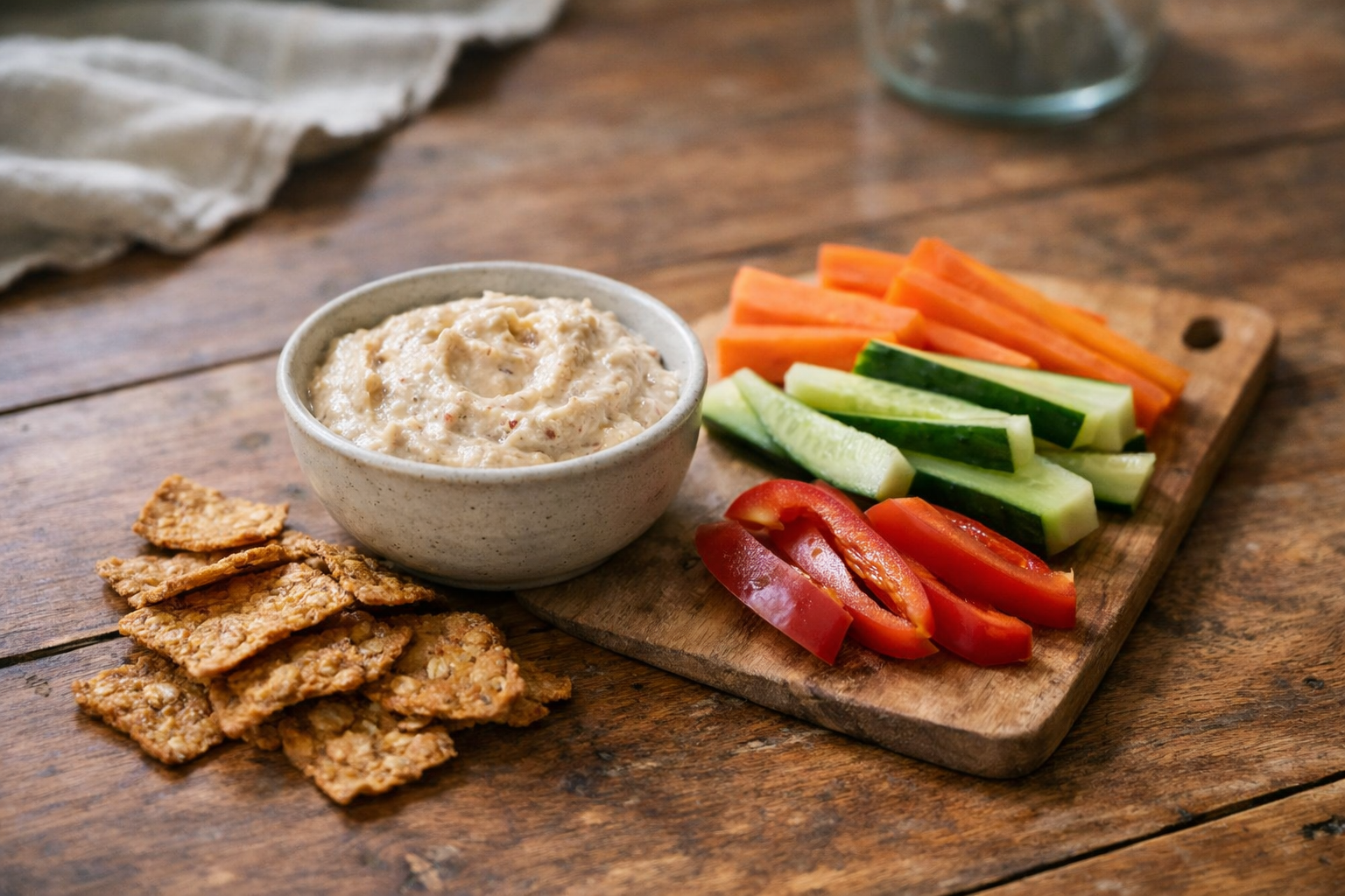 Protein-rich dip bowl with crackers and veggies on wooden board showing what kind of dip for a protein snack