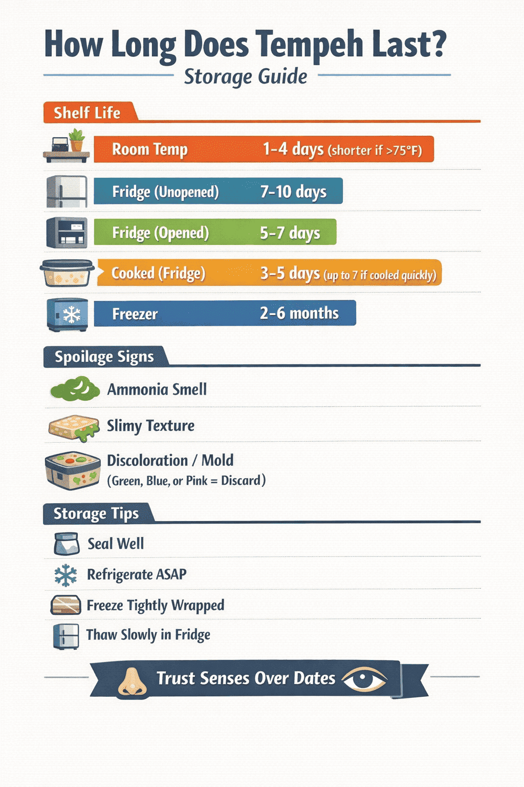 Infographic showing storage times and spoilage signs, explaining how long does tempeh last at room temperature, fridge, and freezer.