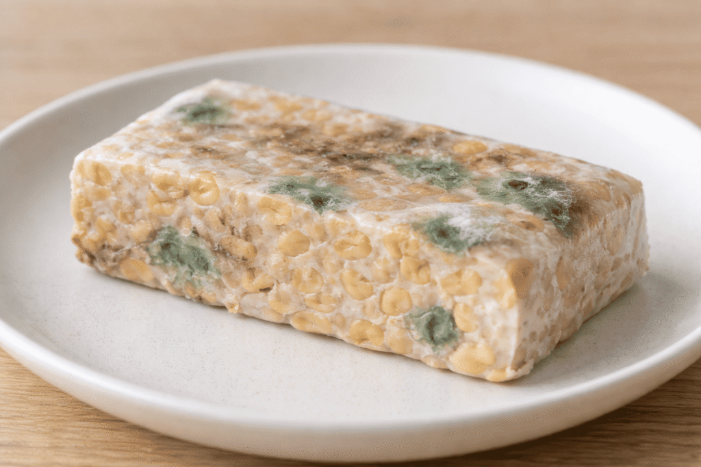 Spoiled tempeh with mold and discoloration on a plate, showing signs to judge how long does tempeh last before it goes bad.