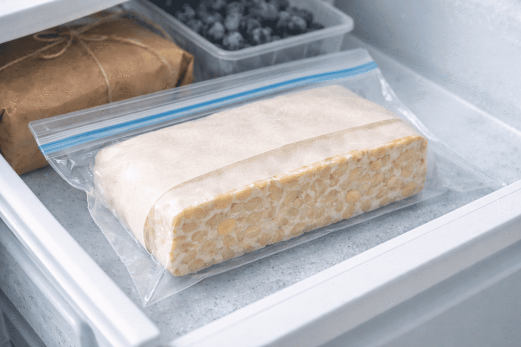 Fresh tempeh wrapped for freezing in a freezer drawer, showing proper storage and how long does tempeh last when frozen safely.