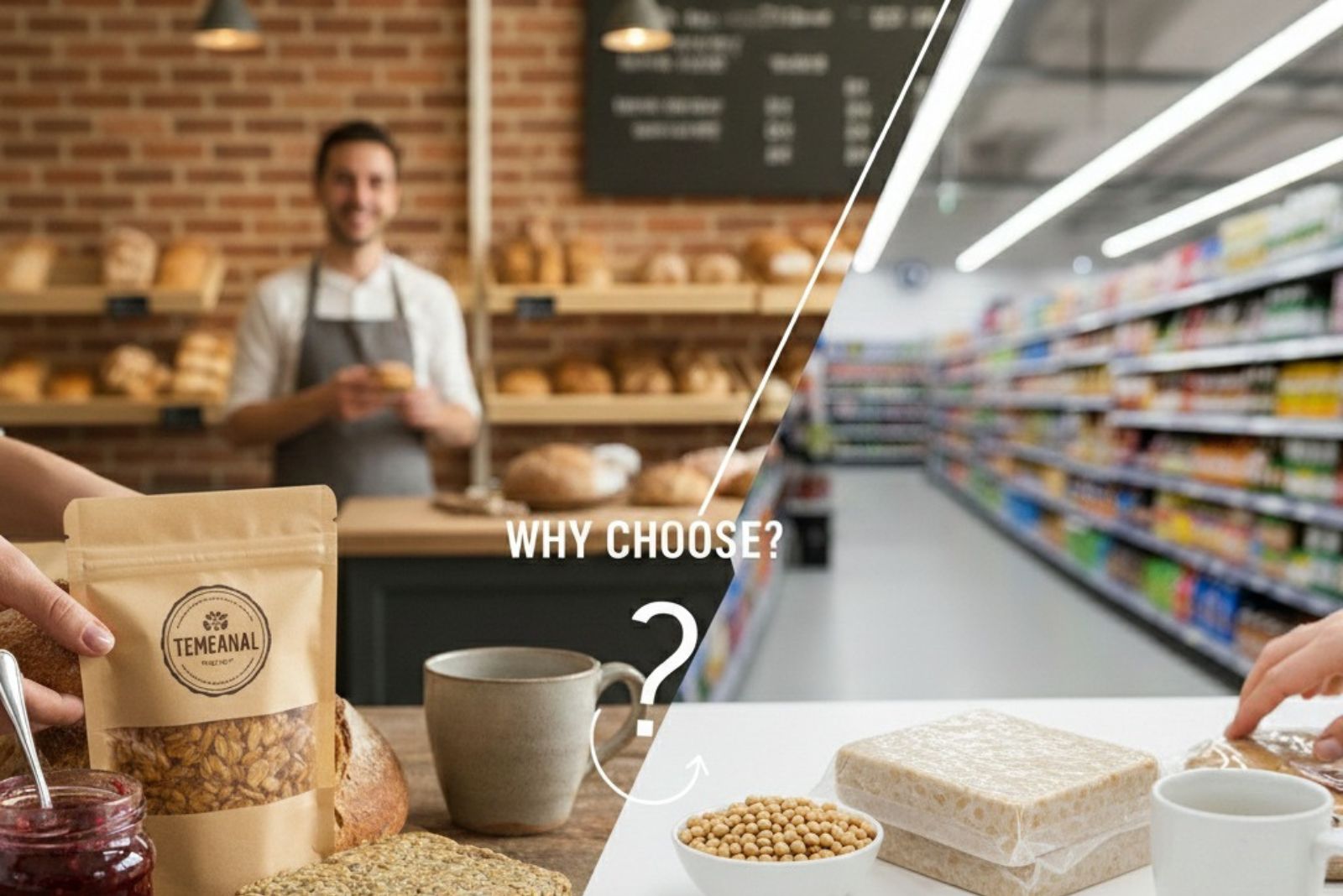 Why choose artisanal over commercial comparison showing a handmade bakery scene contrasted with mass-produced food on supermarket shelves.