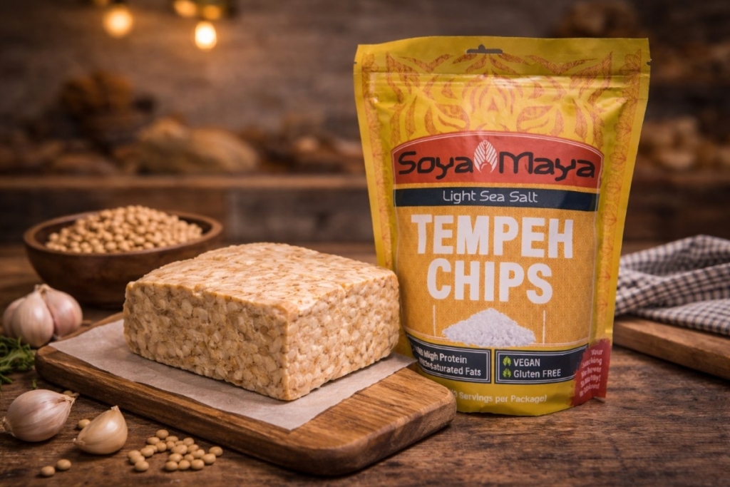 Why choose artisanal over commercial with fresh tempeh, soybeans, and tempeh chips shown in a warm, small-batch food setting.