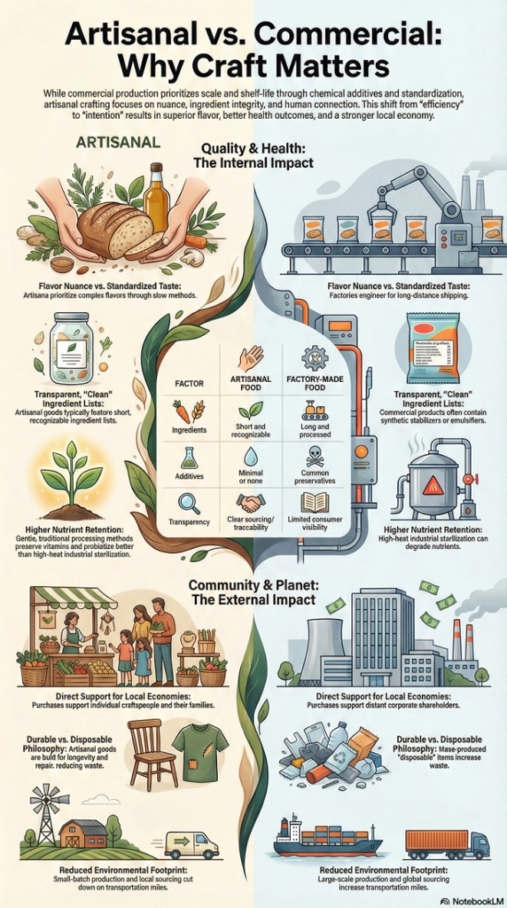 Why choose artisanal over commercial infographic comparing handcrafted and factory-made food, showing differences in ingredients, health, and impact.
