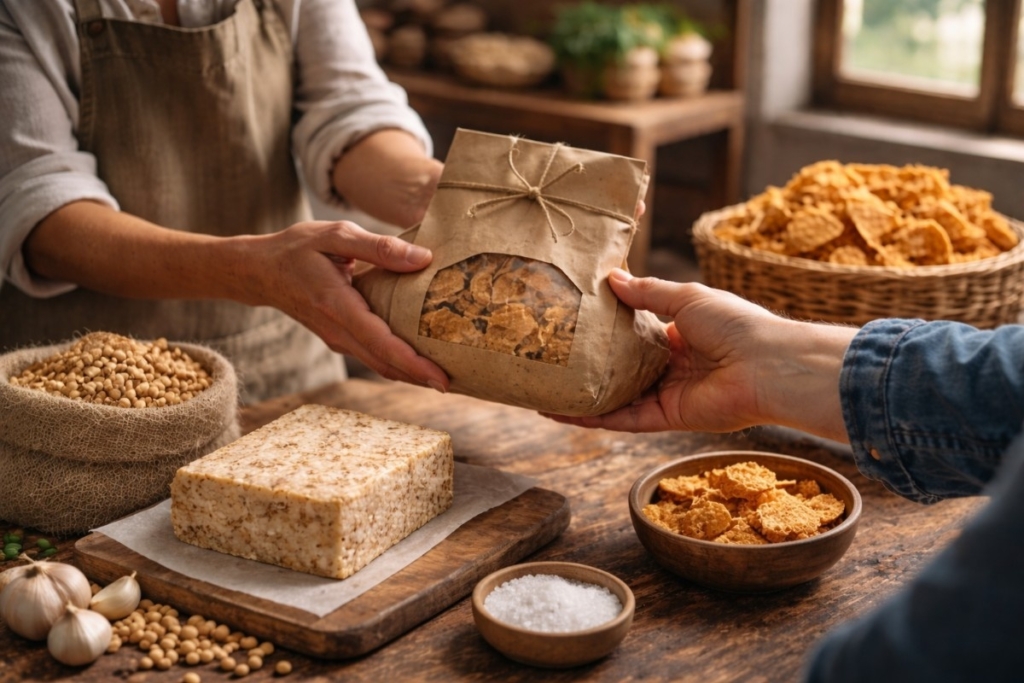 Why choose artisanal over commercial shown by hands exchanging tempeh chips with soybeans and fresh tempeh in a small-batch setting.