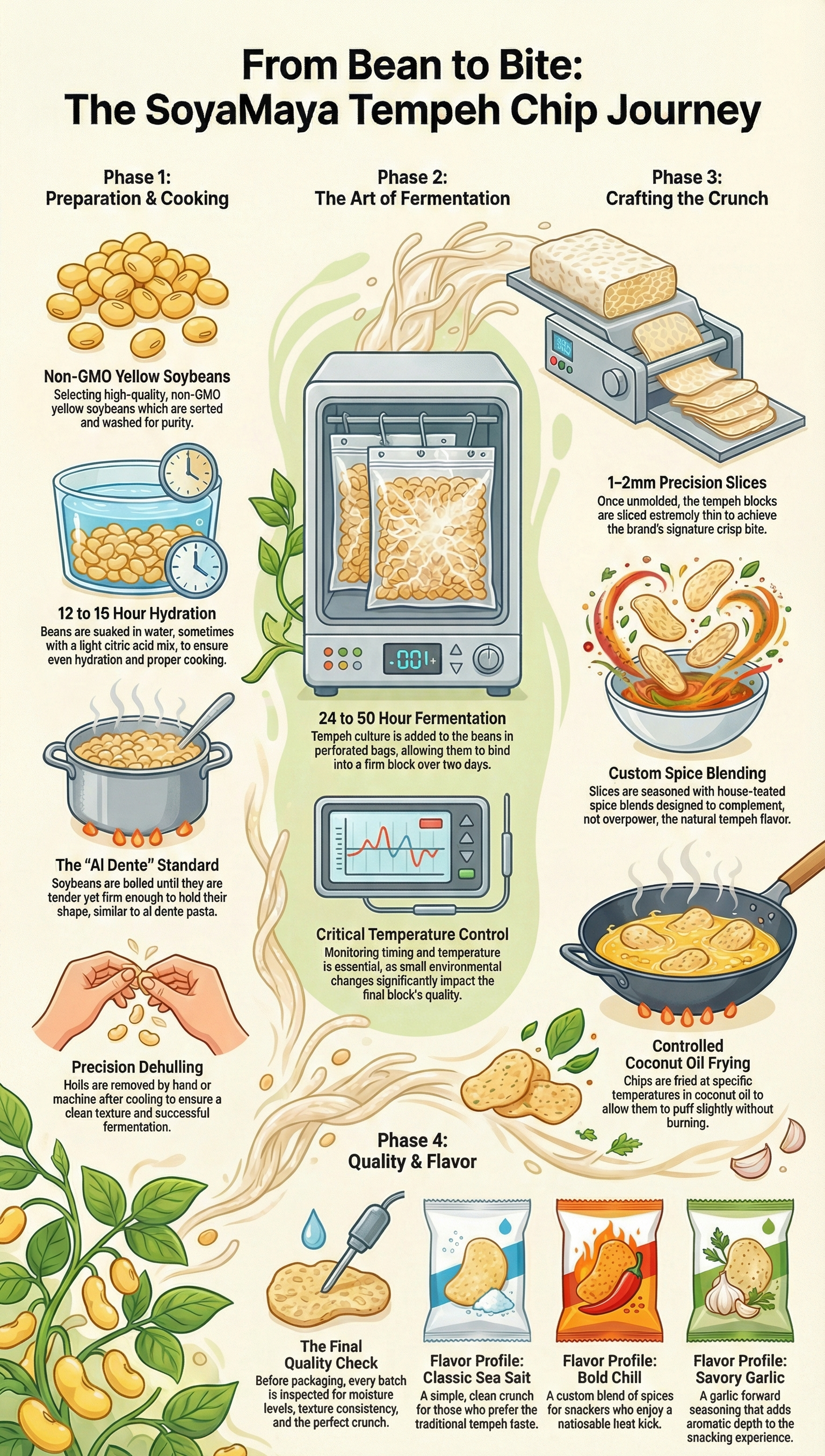 Discover the meticulous process behind creating the delectable SoyaMaya tempeh chips, from ingredient selection to final preparation.