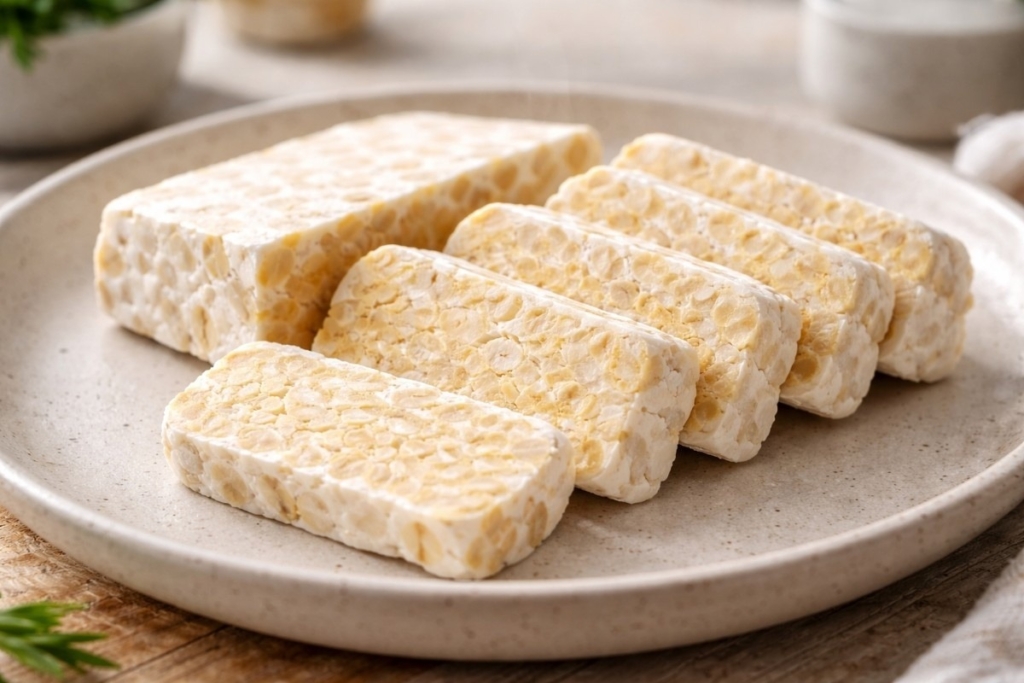 Sliced tempeh on a plate showing what makes tempeh high quality, with even fermentation, intact soybeans, and firm cohesive texture.