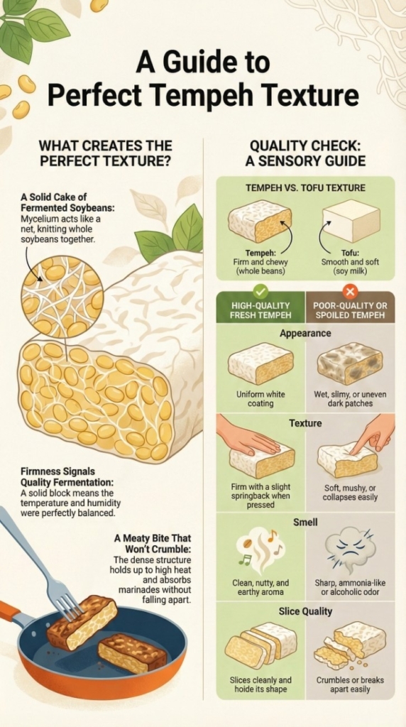 Illustrated guide explaining the texture of fresh tempeh, showing firm structure, white mycelium binding, and quality signs versus spoiled tempeh.