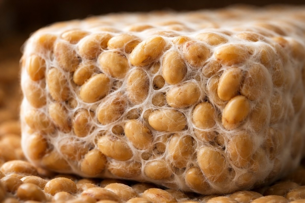 Macro view of the texture of fresh tempeh, showing tightly bound soybeans with white mycelium forming a firm, cohesive structure.