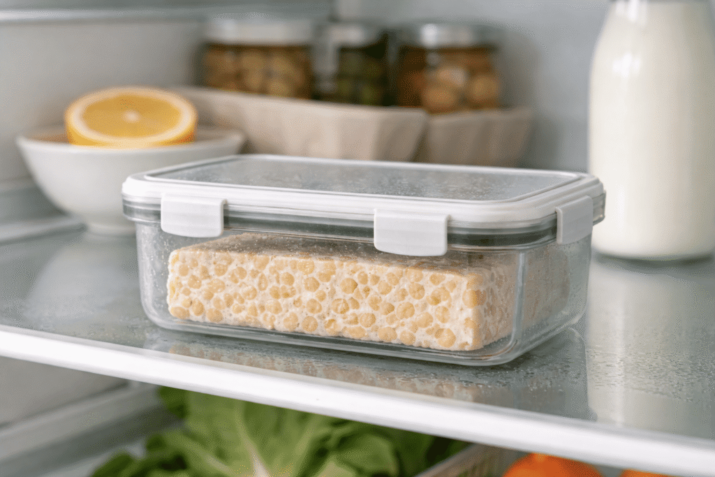 Fresh tempeh stored in an airtight container on a fridge shelf, showing proper storage and how long does tempeh last when refrigerated.