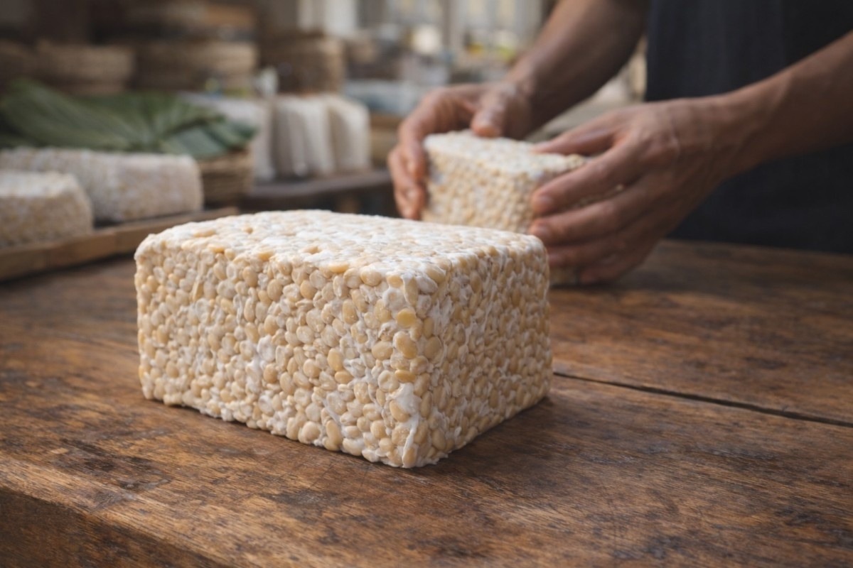Who makes handcrafted tempeh shown by artisan hands inspecting a firm, small-batch tempeh block on a wooden table.
