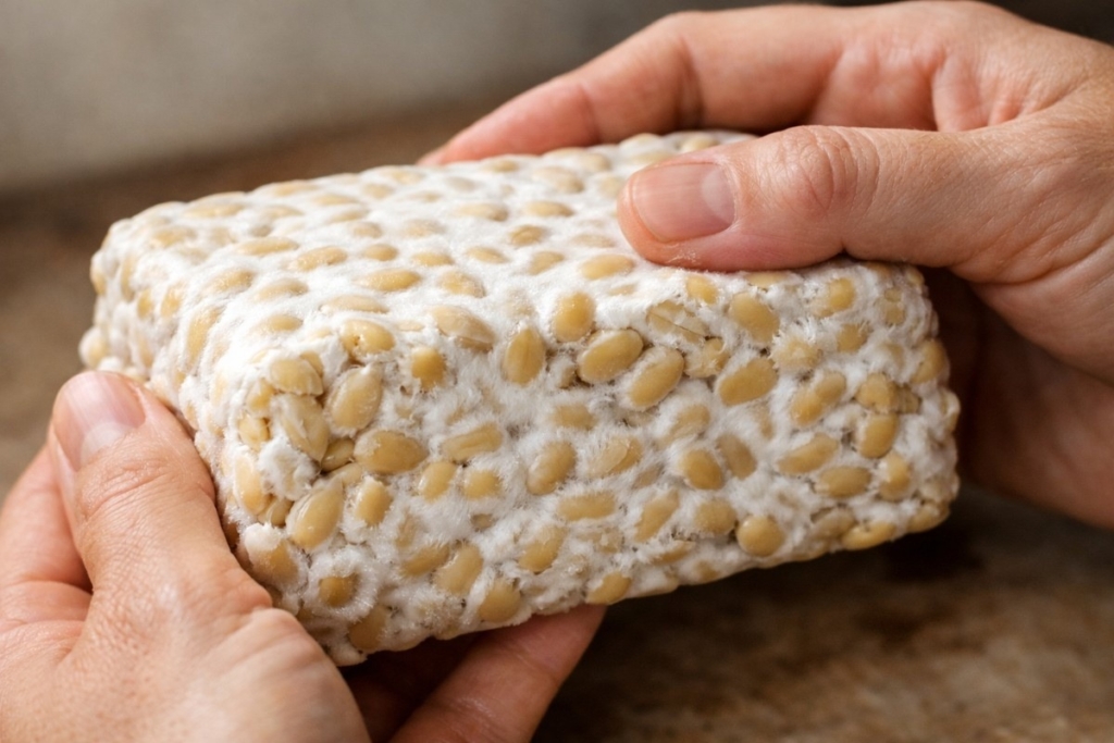 Who makes handcrafted tempeh shown by hands pressing a dense, fully fermented tempeh block with tight white mycelium.