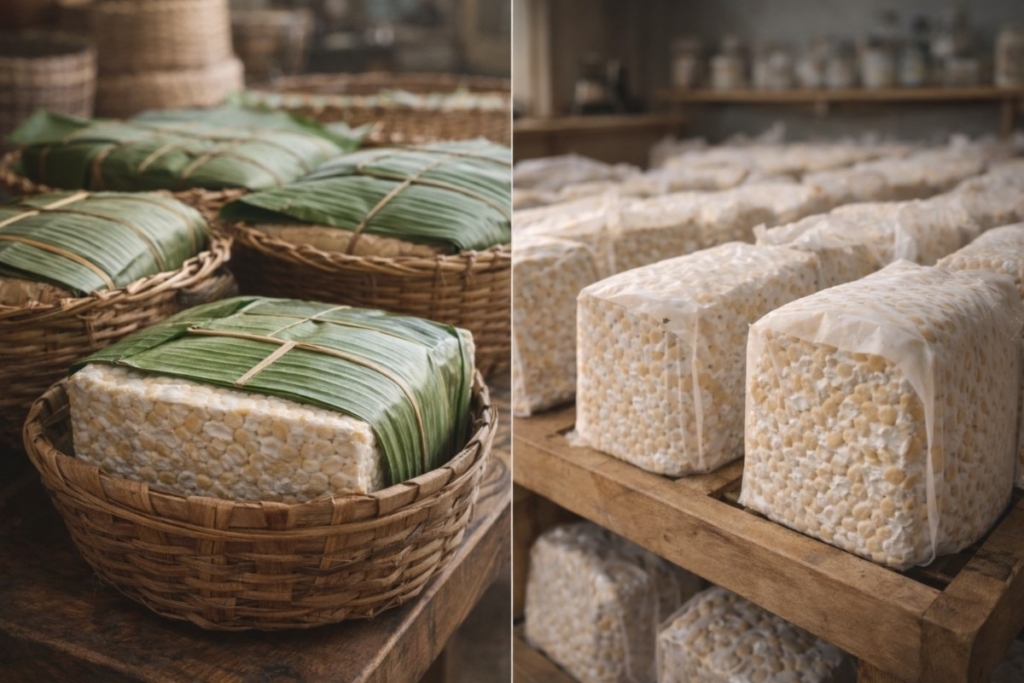 Who makes handcrafted tempeh shown through traditional banana leaf fermentation beside modern small-batch tempeh production.