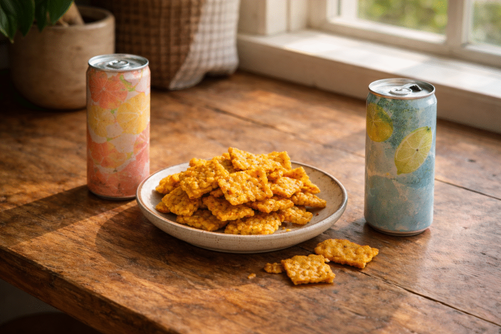 New beverage flavors with crackers depicting when is the new flavor coming out for product launch season