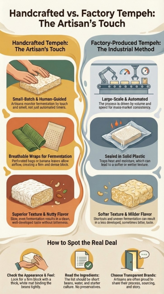 Who makes handcrafted tempeh shown in a visual comparison of artisan small-batch tempeh versus factory-produced tempeh methods.