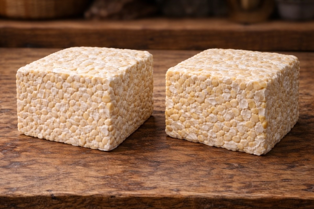  Who makes handcrafted tempeh shown by two small-batch tempeh blocks, highlighting dense, even fermentation versus softer texture.