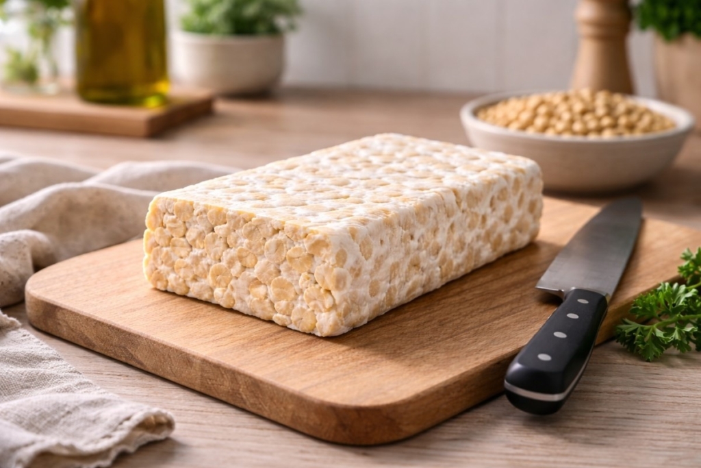 Tempeh block on a cutting board showing what makes tempeh high quality, with firm structure, even fermentation, and clean preparation.