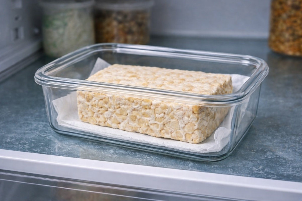 How to Store Tempeh after opening by keeping it dry in an airtight glass container lined with paper inside the refrigerator.