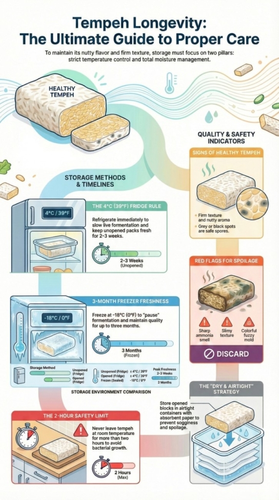 How to Store Tempeh infographic showing refrigeration, freezing timelines, safe storage methods, and clear signs of fresh versus spoiled tempeh.