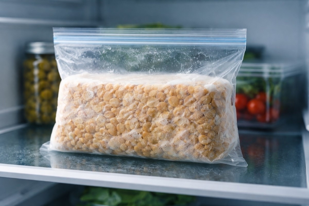 How to Store Tempeh safely, showing tempeh sealed in a plastic bag and stored on a refrigerator shelf to keep it fresh.