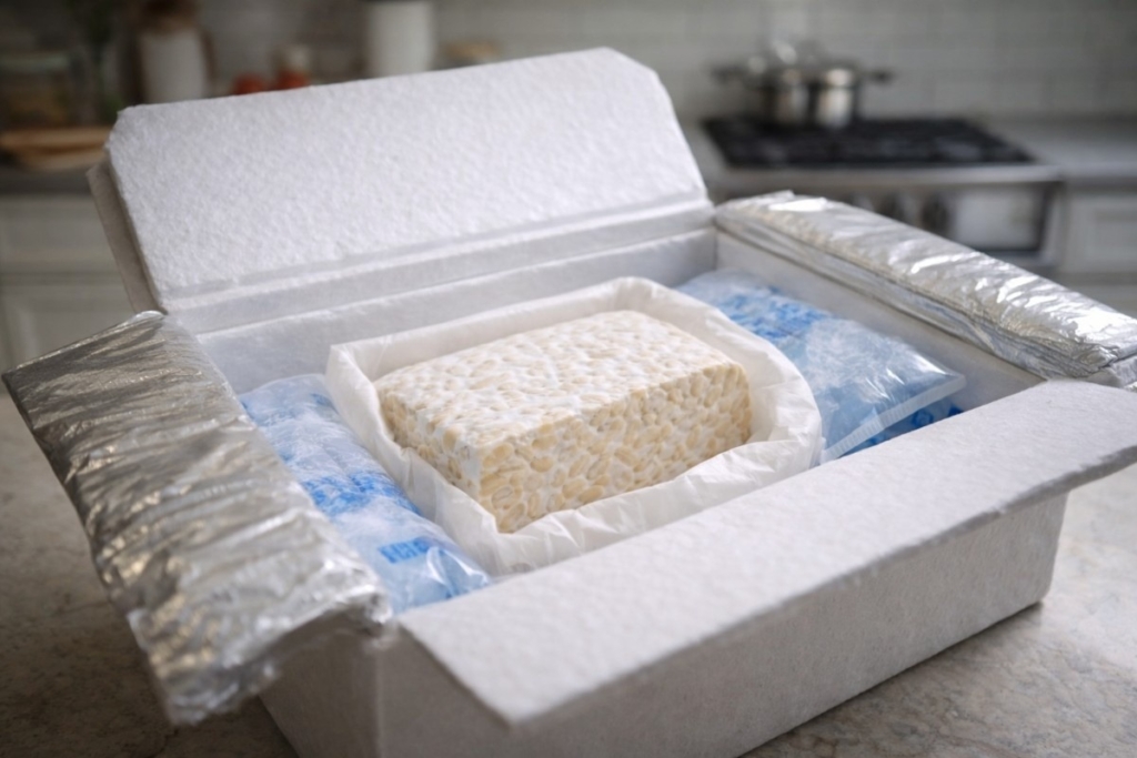 Insulated shipping box with chilled tempeh packed on ice, showing online delivery considerations for where to buy fresh tempeh
