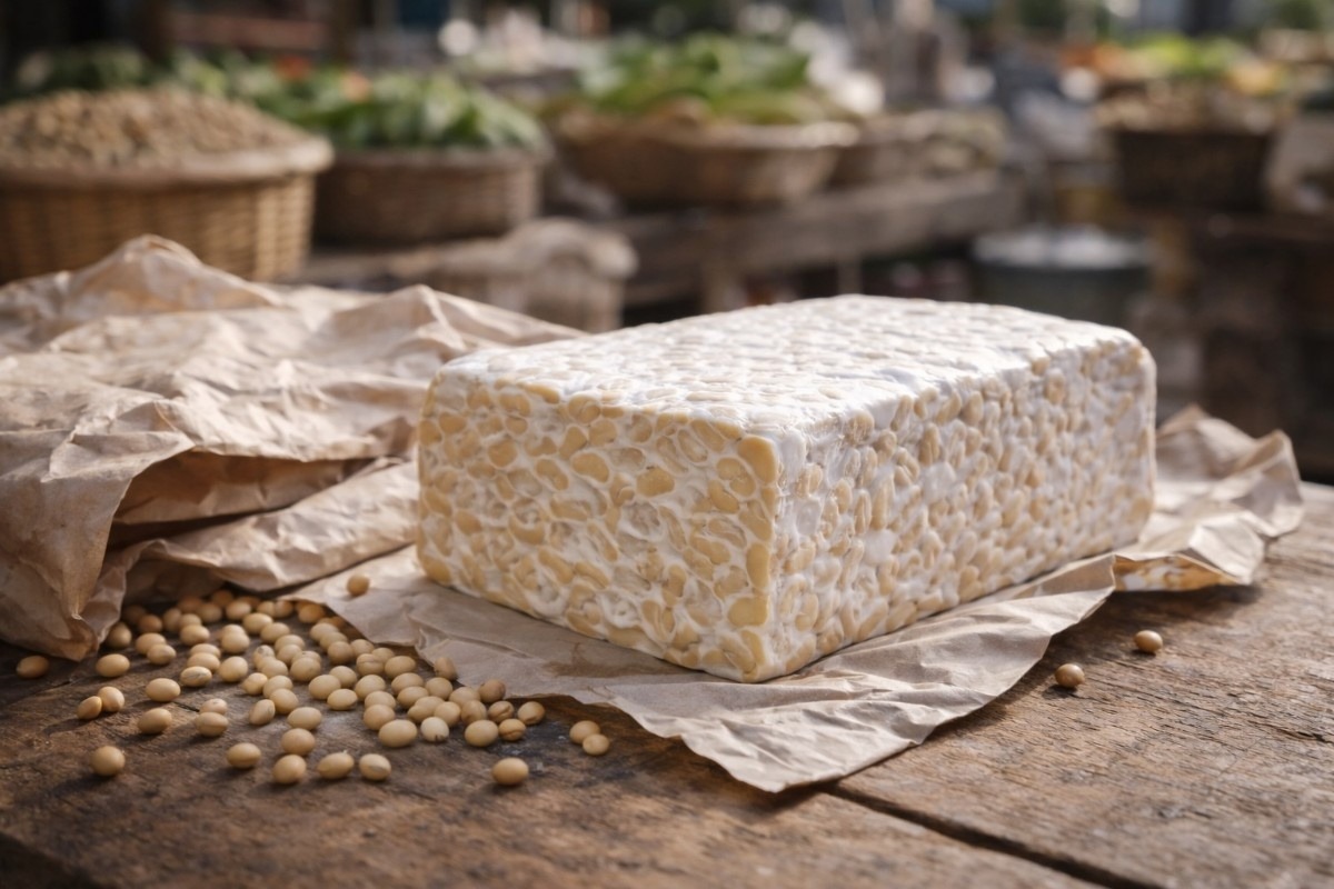 Freshly made tempeh block on a market table with soybeans, showing traditional sourcing cues for where to buy fresh tempeh