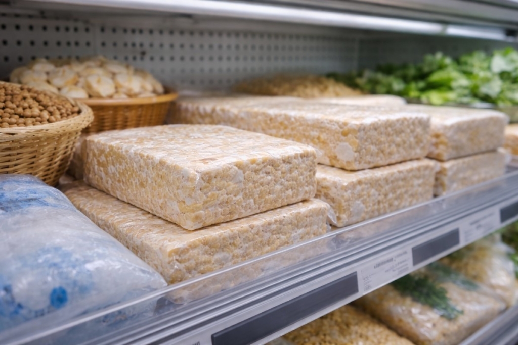 Fresh tempeh blocks displayed in a chilled market case, showing local options and freshness cues for where to buy fresh tempeh