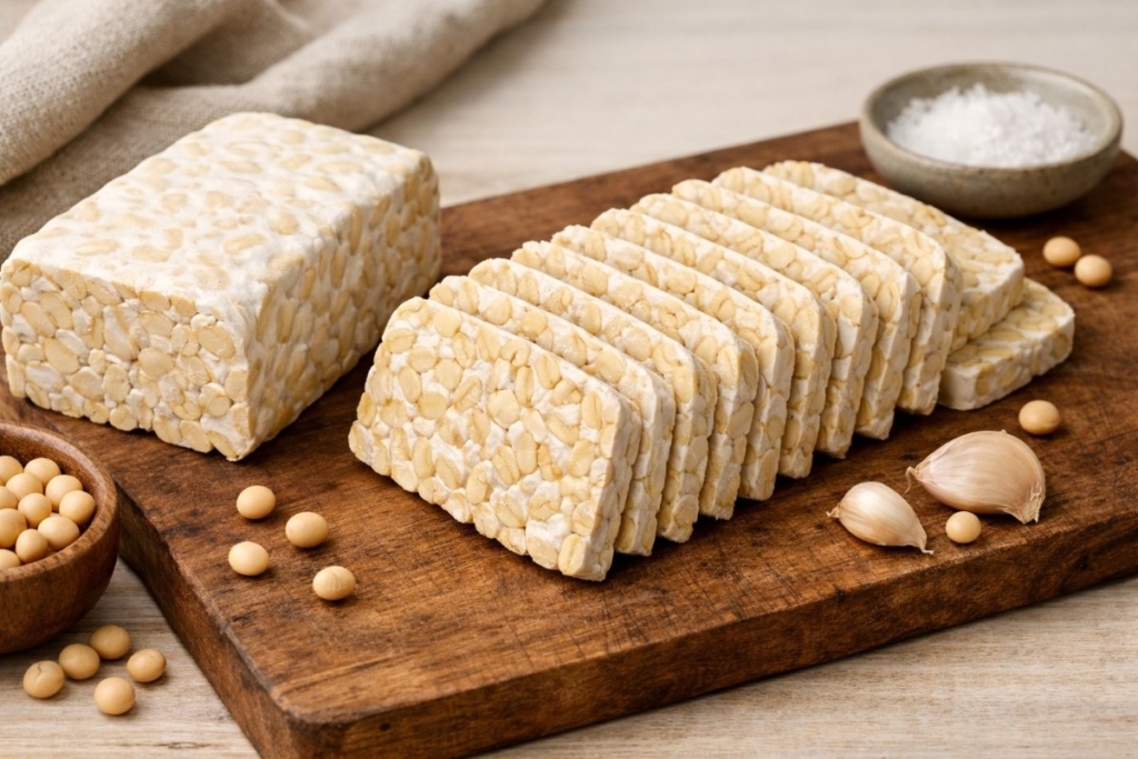 Whole and sliced tempeh on a cutting board showing what makes tempeh high quality, with dense binding, even fermentation, and firm texture.