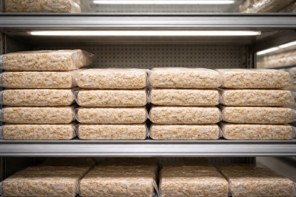 Supermarket shelf with packaged tempeh blocks under bright lighting, showing contrast in presentation when deciding where to buy fresh tempeh
